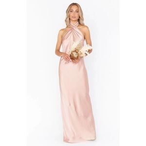 Show Me Your Mumu Jasmine Halter Maxi Dress Rose Gold Luxe Satin S